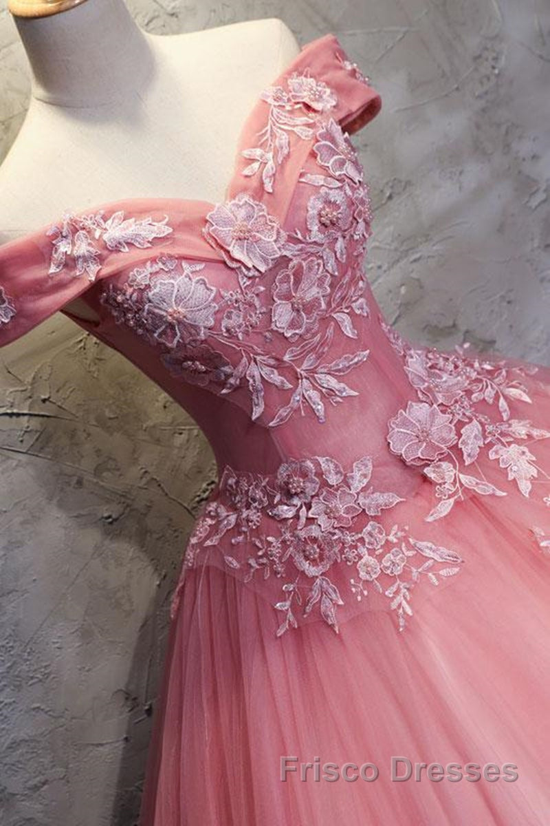 Gorgeous Off the Shoulder Pink Lace Appliques Long Formal Prom Dresses, Off Shoulder Pink Formal Dresses, Pink Evening Dresses, Ball Gown