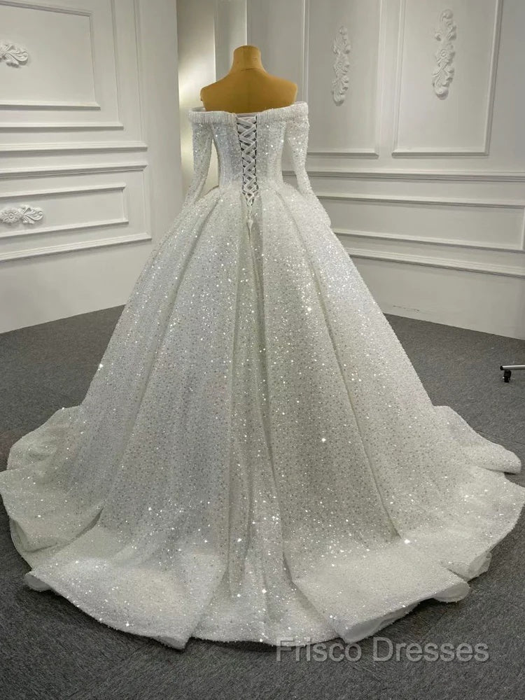Gorgeous Off The Shoulder Sparkly Ball Gown Sequin Wedding Dress With Sleeves Secondary image