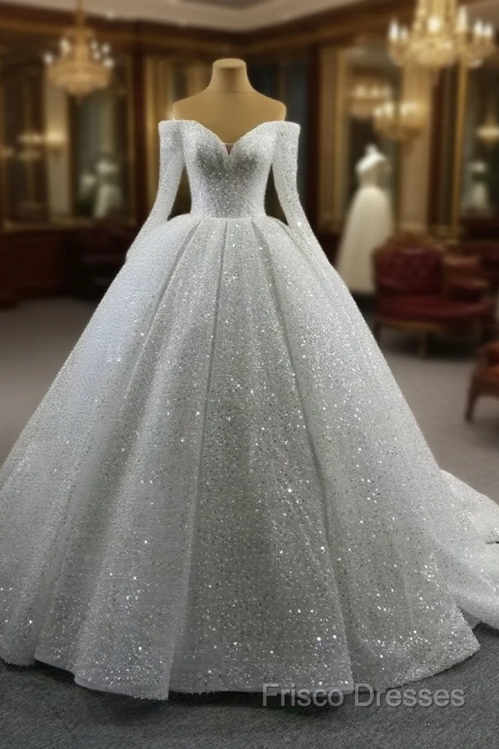 Gorgeous Off The Shoulder Sparkly Ball Gown Sequin Wedding Dress With Sleeves Main image