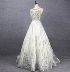Gorgeous Off-White Crew Neck Beaded Embroidered Tulle Long Prom Dress Evening Dress
