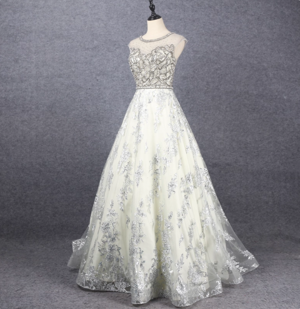 Gorgeous Off-White Crew Neck Beaded Embroidered Tulle Long Prom Dress Evening Dress