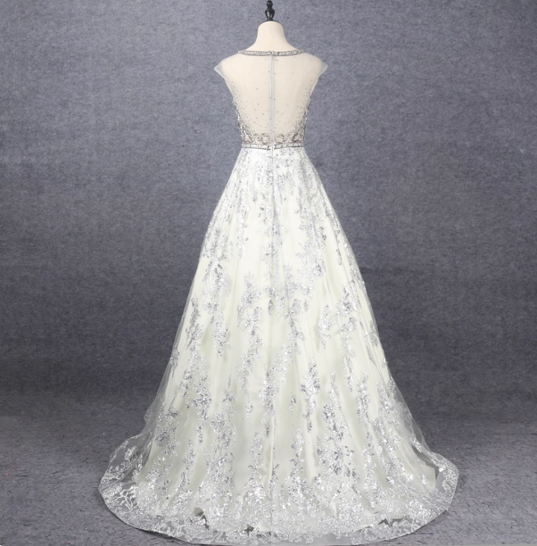 Gorgeous Off-White Crew Neck Beaded Embroidered Tulle Long Prom Dress Evening Dress