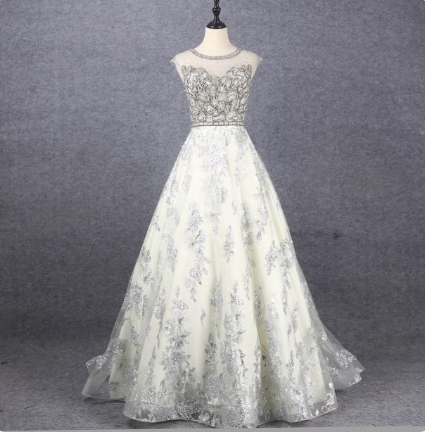 Gorgeous Off-White Crew Neck Beaded Embroidered Tulle Long Prom Dress Evening Dress Main image