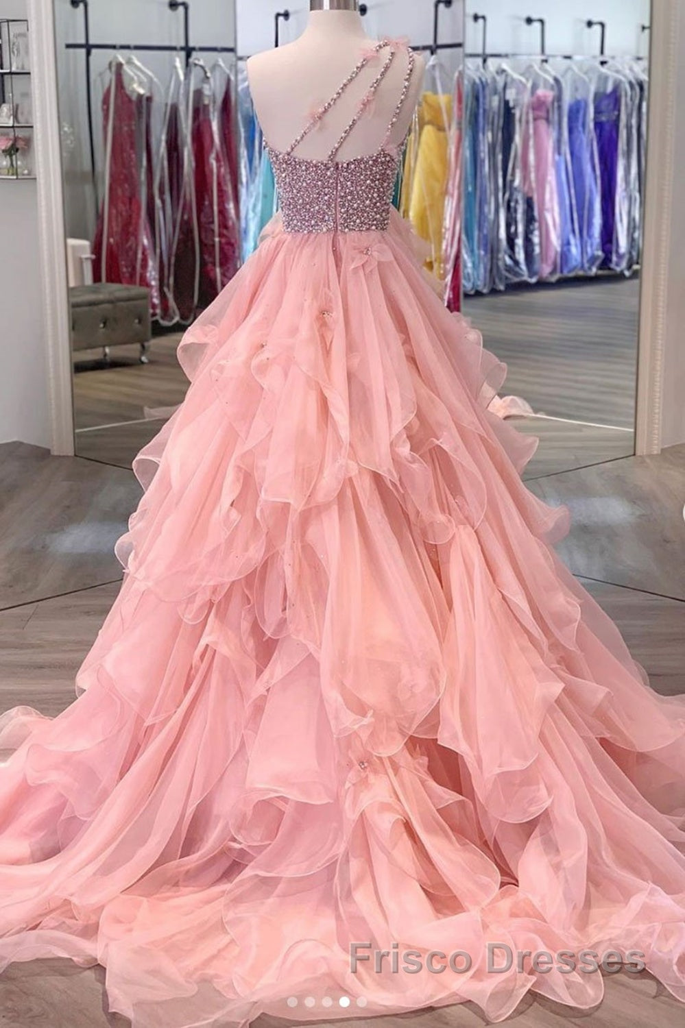 Gorgeous One Shoulder Beaded Pink Long Formal Prom Dresses, Fluffy Pink Formal Evening Dresses, Beaded Ball Gown