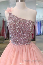 Gorgeous One Shoulder Beaded Pink Long Formal Prom Dresses, Fluffy Pink Formal Evening Dresses, Beaded Ball Gown