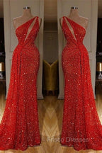 Gorgeous One Shoulder Red Sequins Long Formal Prom Dress