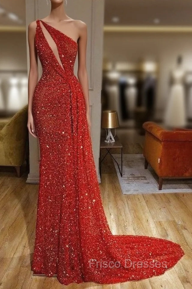 Gorgeous One Shoulder Red Sequins Long Formal Prom Dress Main image