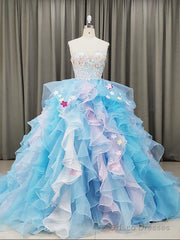 Gorgeous Organza Flowers Blue Sweet 16 Gown, Handmade Party Dress