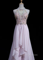 Gorgeous Pink A-Line Tulle High Neck Chiffon Long Beaded Backless Formal Prom Dress Retro Wedding Birthday Dress