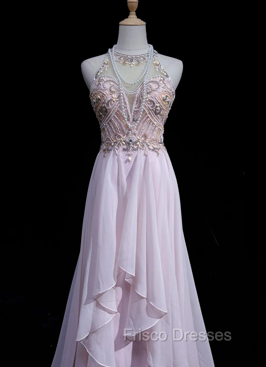 Gorgeous Pink A-Line Tulle High Neck Chiffon Long Beaded Backless Formal Prom Dress Retro Wedding Birthday Dress