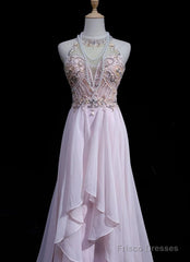 Gorgeous Pink A-Line Tulle High Neck Chiffon Long Beaded Backless Prom Dress Retro Wedding Birthday Dress