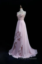 Gorgeous Pink A-Line Tulle High Neck Chiffon Long Beaded Backless Formal Prom Dress Retro Wedding Birthday Dress