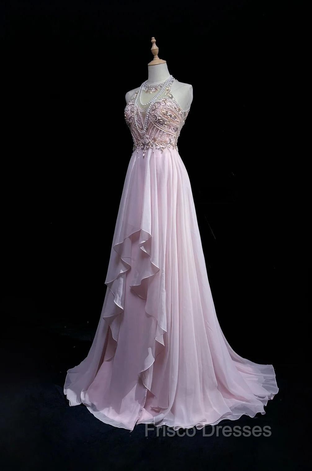 Gorgeous Pink A-Line Tulle High Neck Chiffon Long Beaded Backless Formal Prom Dress Retro Wedding Birthday Dress