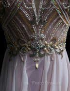 Gorgeous Pink A-Line Tulle High Neck Chiffon Long Beaded Backless Formal Prom Dress Retro Wedding Birthday Dress