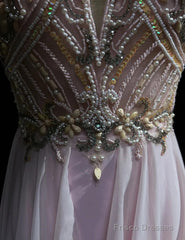 Gorgeous Pink A-Line Tulle High Neck Chiffon Long Beaded Backless Prom Dress Retro Wedding Birthday Dress