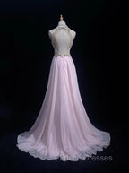 Gorgeous Pink A-Line Tulle High Neck Chiffon Long Beaded Backless Formal Prom Dress Retro Wedding Birthday Dress
