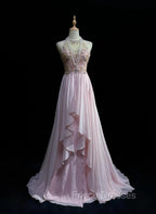 Gorgeous Pink A-Line Tulle High Neck Chiffon Long Beaded Backless Formal Prom Dress Retro Wedding Birthday Dress