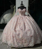 Gorgeous Pink Applique Ball Gowns Tulle Lace Off-The-Shoulder Long Quinceanera Dress Tulle Sweet Birthday Dress