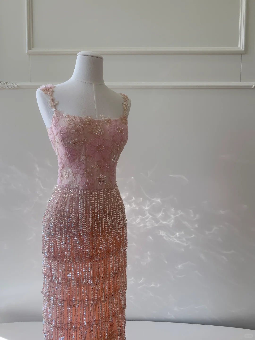Gorgeous Pink Slim Square Neck 3D Flower Sequin Tassel Long Prom Dress Evening Dress