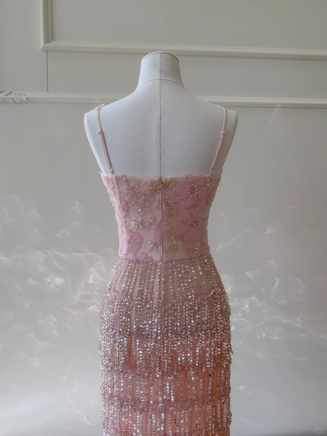 Gorgeous Pink Slim Square Neck 3D Flower Sequin Tassel Long Prom Dress Evening Dress