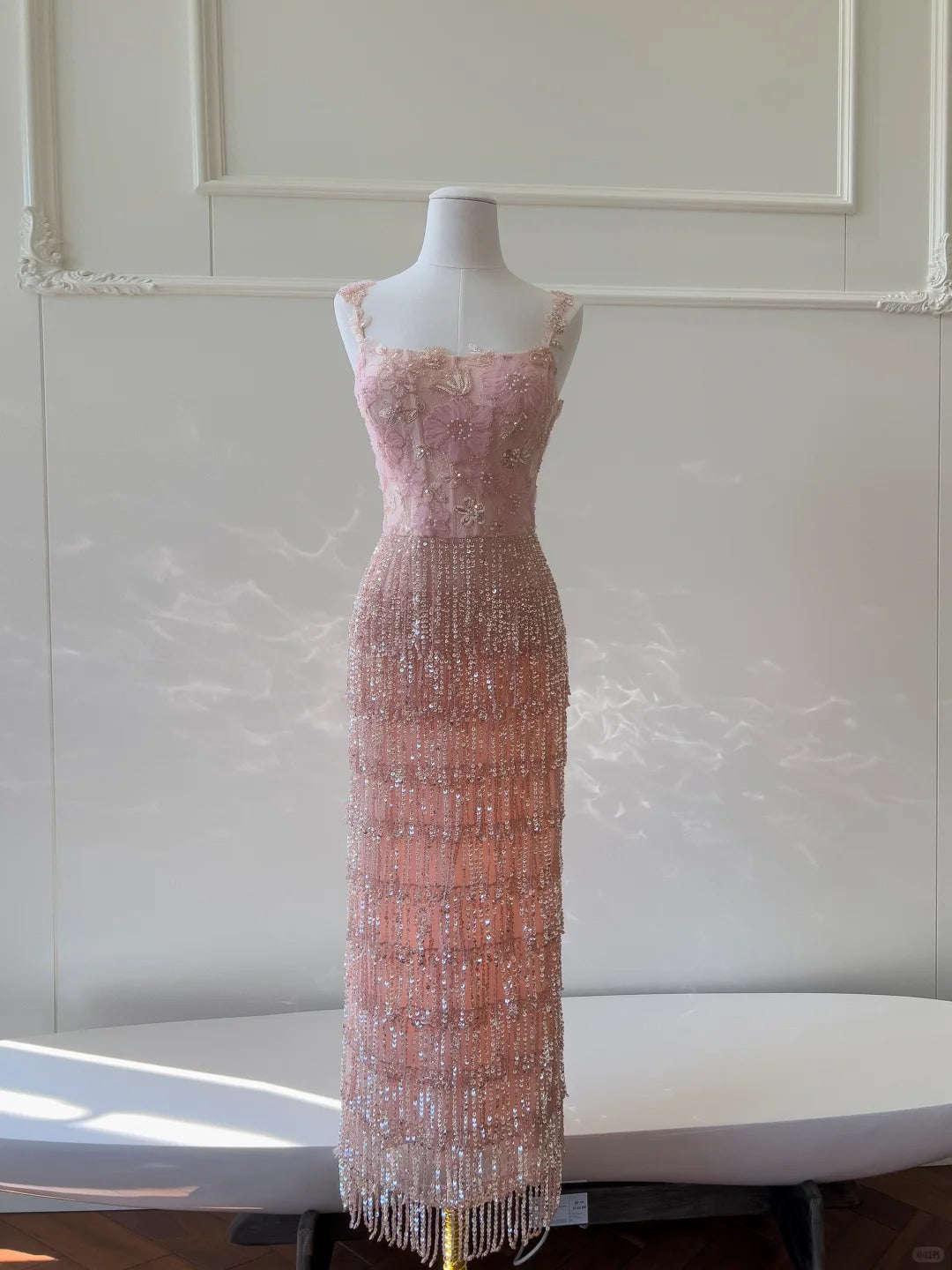Gorgeous Pink Slim Square Neck 3D Flower Sequin Tassel Long Prom Dress Evening Dress