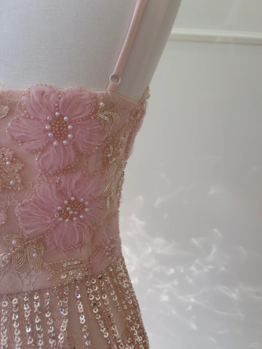 Gorgeous Pink Slim Square Neck 3D Flower Sequin Tassel Long Prom Dress Evening Dress