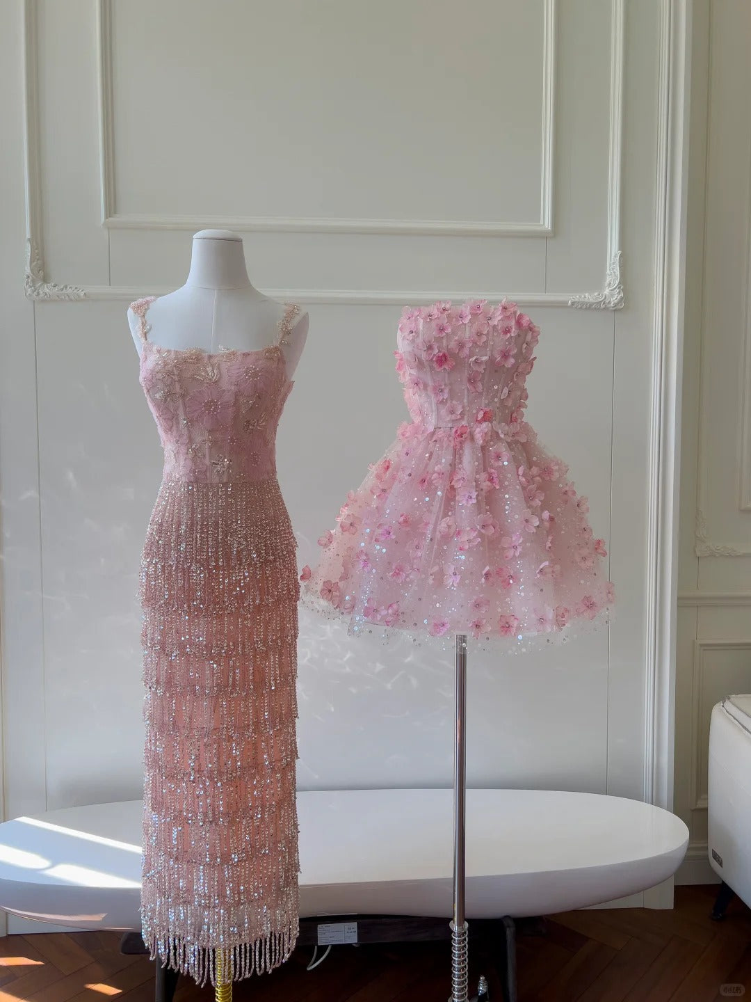 Gorgeous Pink Slim Square Neck 3D Flower Sequin Tassel Long Prom Dress Evening Dress