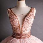 Gorgeous Pink V-neckline Beaded Ball Gown Formal Dress, Pink Sweet 16 Dress
