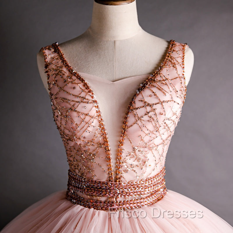 Gorgeous Pink V-neckline Beaded Ball Gown Formal Dress, Pink Sweet 16 Dress