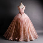 Gorgeous Pink V-neckline Beaded Ball Gown Formal Dress, Pink Sweet 16 Dress