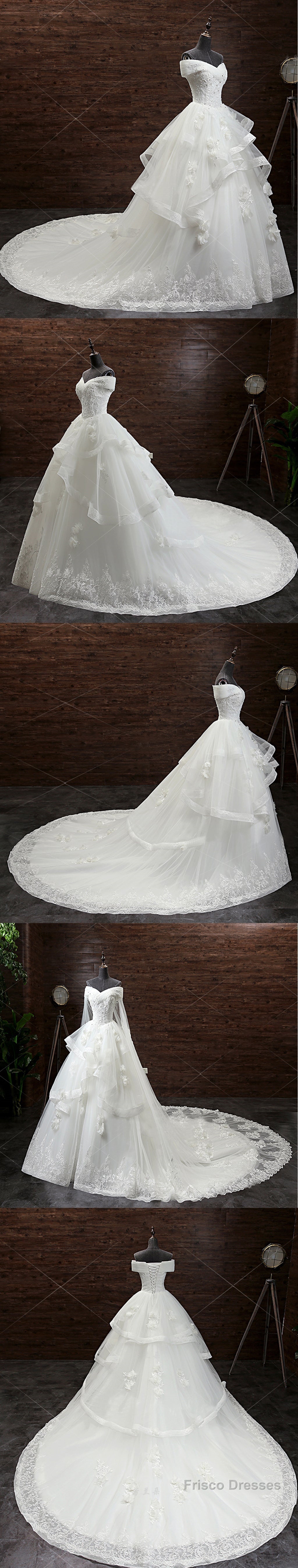 Gorgeous Princess Lace Appliques Beading Off Shoulder Ruffles Ball Gown Detachable Watteau Train Wedding Dress Secondary image