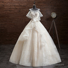 Gorgeous Princess Lace Appliques Beading Yarn Back Unique Sleeve Pretty Bow Ruffles Ball Gown Wedding Dress