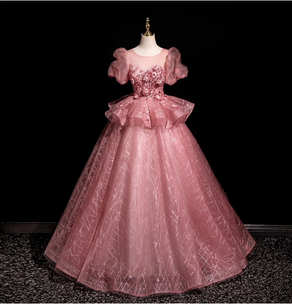 Gorgeous Princess Pink Crew Neck Puff Sleeve Tulle Ball Gown Evening Dress Sweet 16 Dress Secondary image