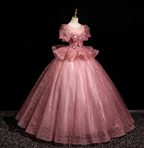 Gorgeous Princess Pink Crew Neck Puff Sleeve Tulle Ball Gown Evening Dress Sweet 16 Dress