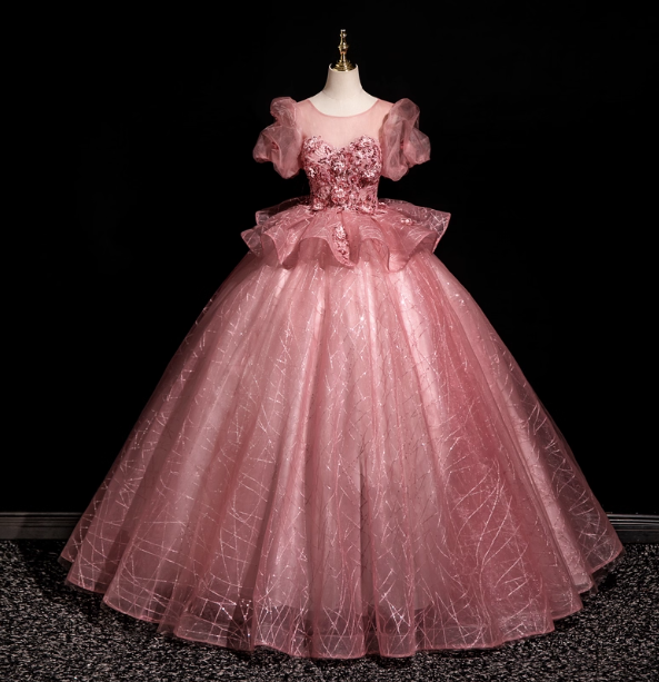 Gorgeous Princess Pink Crew Neck Puff Sleeve Tulle Ball Gown Evening Dress Sweet 16 Dress Main image