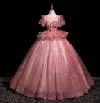 Gorgeous Princess Pink Crew Neck Puff Sleeve Tulle Ball Gown Evening Dress Sweet 16 Dress