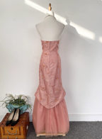 Gorgeous Princess Pink Mermaid Sweetheart Neck Embroidered Floral Satin Tulle Long Prom Dress Evening Dress