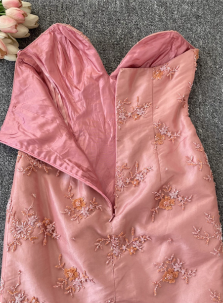Gorgeous Princess Pink Mermaid Sweetheart Neck Embroidered Floral Satin Tulle Long Prom Dress Evening Dress