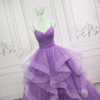 Gorgeous Purple Straps Layers Tulle V-neckline Long Evening Dress, Light Purple Formal Prom Dress