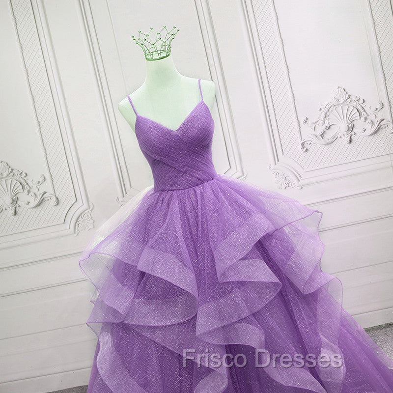Gorgeous Purple Straps Layers Tulle V-neckline Long Evening Dress, Light Purple Formal Prom Dress