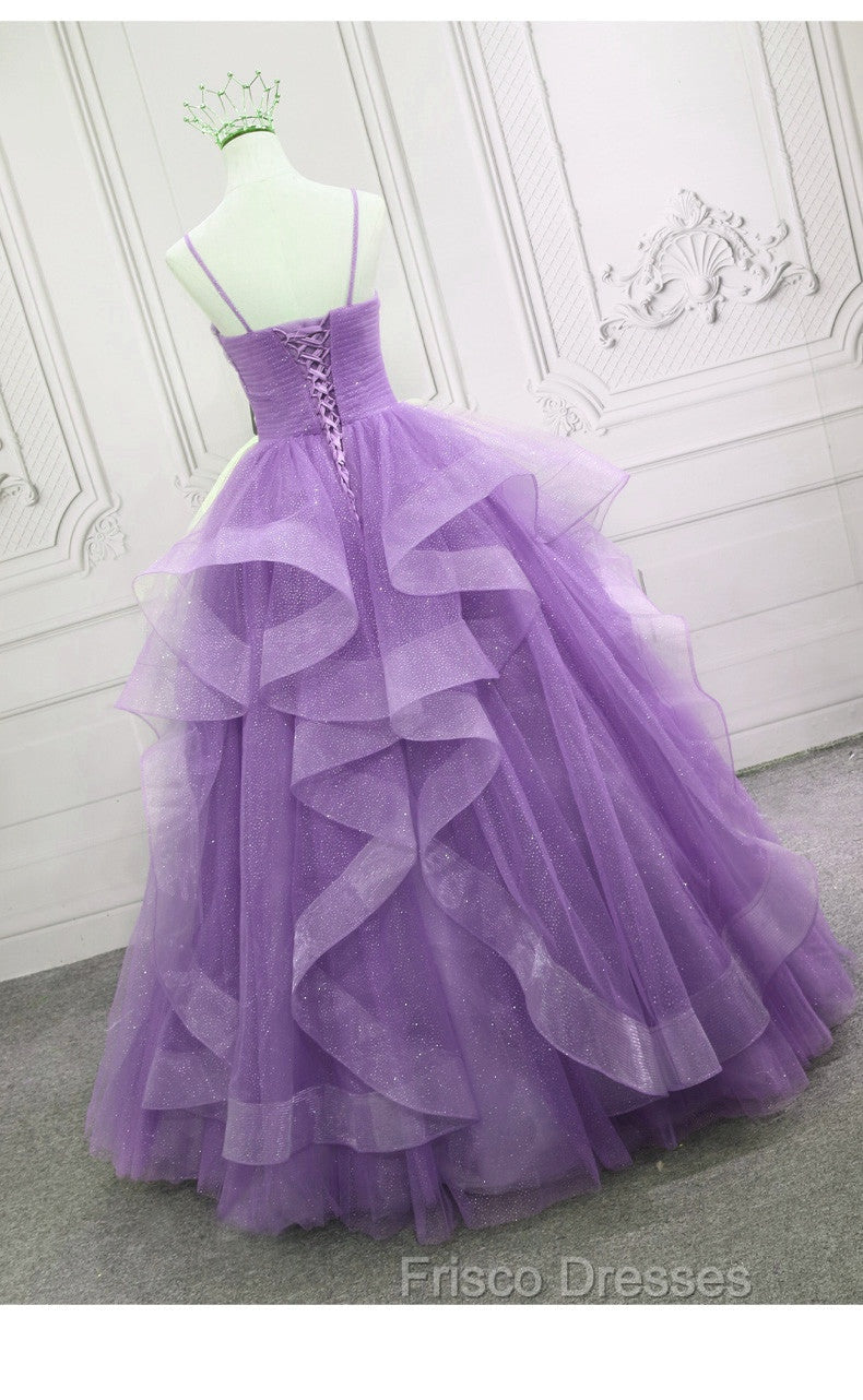 Gorgeous Purple Straps Layers Tulle V-neckline Long Evening Dress, Light Purple Formal Prom Dress