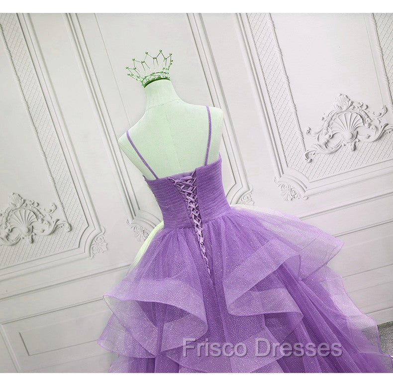Gorgeous Purple Straps Layers Tulle V-neckline Long Evening Dress, Light Purple Formal Prom Dress