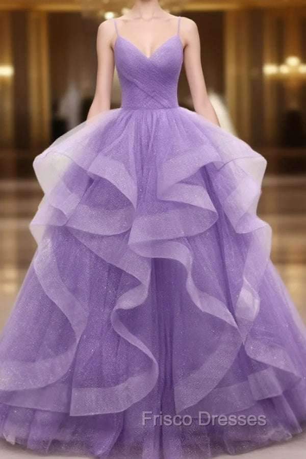 Gorgeous Purple Straps Layers Tulle V-neckline Long Evening Dress, Light Purple Formal Prom Dress Main image