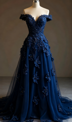 Gorgeous Red A-Line Off-The-Shoulder Tulle Beaded Long Prom Dress Formal Applique Evening Dress