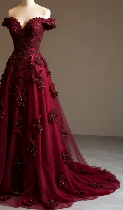 Gorgeous Red A-Line Off-The-Shoulder Tulle Beaded Long Prom Dress Formal Applique Evening Dress Secondary image