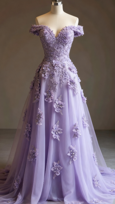 Gorgeous Red A-Line Off-The-Shoulder Tulle Beaded Long Prom Dress Formal Applique Evening Dress