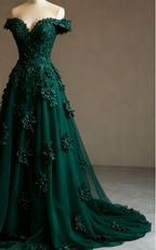 Gorgeous Red A-Line Off-The-Shoulder Tulle Beaded Long Prom Dress Formal Applique Evening Dress