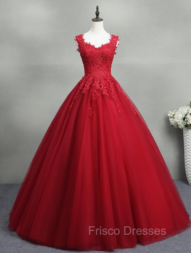 Gorgeous Red Ball Gown Sweet 16 Gown, Red Tulle with Lace Applique Party Dress Main image