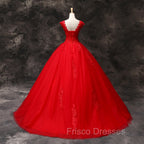 Gorgeous Red Tulle Ball Gown Long Formal Dress with Lace Flowers, Red Sweet 16 Dress