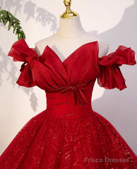 Gorgeous Red Tulle Ball Gown Off Shoulder Sweet 16 Dress, Red Long Formal Dress